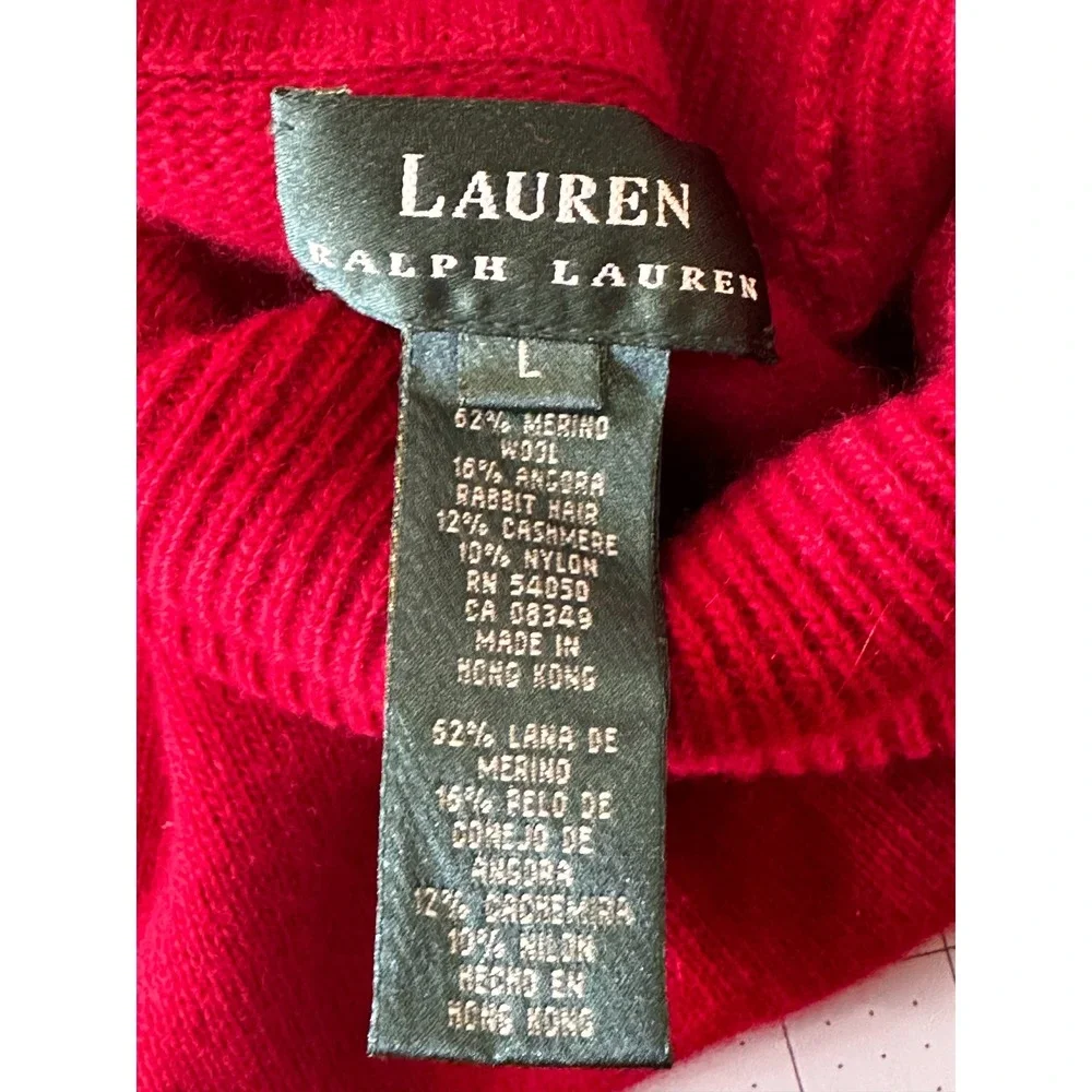 LAUREN Ralph Lauren VTGE Red‎ Cashmere Wool Turtleneck Sweater Crown Logo SZ LGE